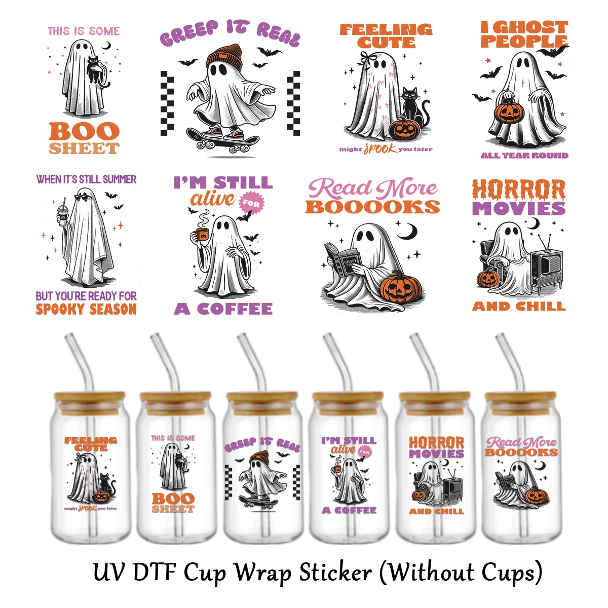 8 Stück Fun Ghost Halloween Uv Dtf Cup Aufkleber für Becher Glas, Wasserflasche Aufkleber, Halloween Party Dekor, DIY Geschenk Kunst Handwerk Versorgung