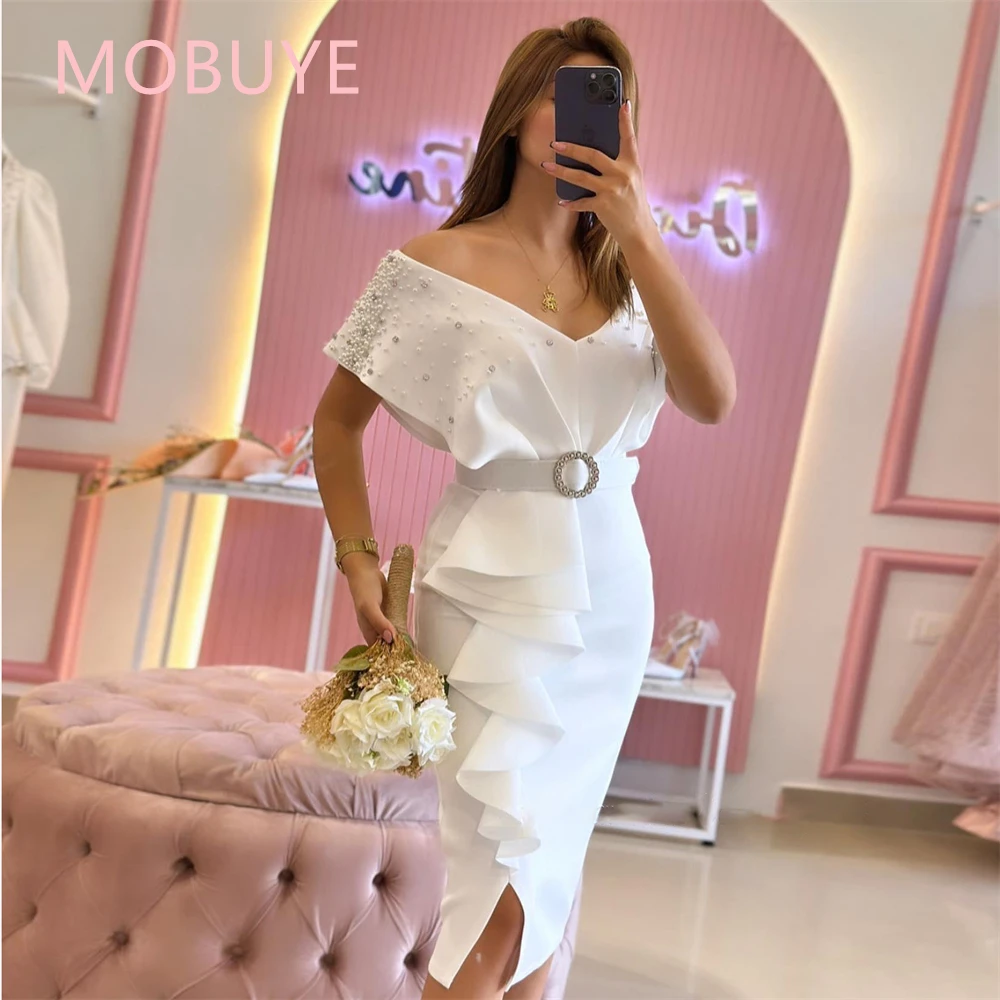 MOBUYE 2024 Arab Dubai Off The Shoulder Prom Dress Short Sleeves With Tea Length Evening Fashion Elegant Party Dress For Women