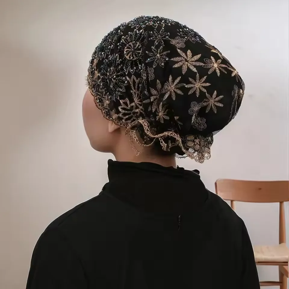 

Роскошная кружевная кепка с бриллиантами, женская сетчатая кепка с жемчугом и бисером, мусульманская вышивка, тюрбан, шапочки, капот, хиджаб, шляпа, платок, новинка