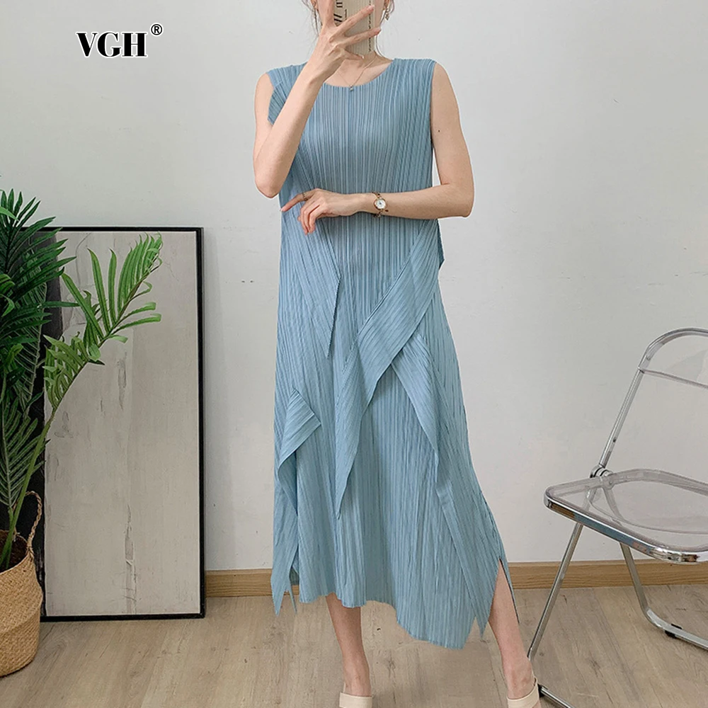 

VGH однотонные утягивающие темпераментные длинные платья для женщин с круглым вырезом без рукавов и высокой талией, нерегулярное элегантное платье, женская мода