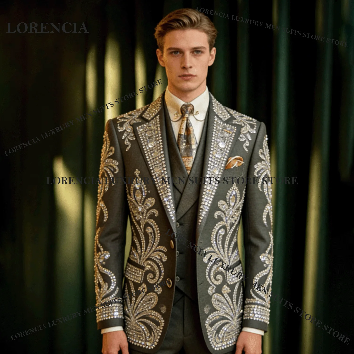 Customized Glitter Rhinestone Men suits For Wedding Groom Sequin Crystal Male Prom Party Simple Blazer 3 Pieces Set Tuxedos Slim
