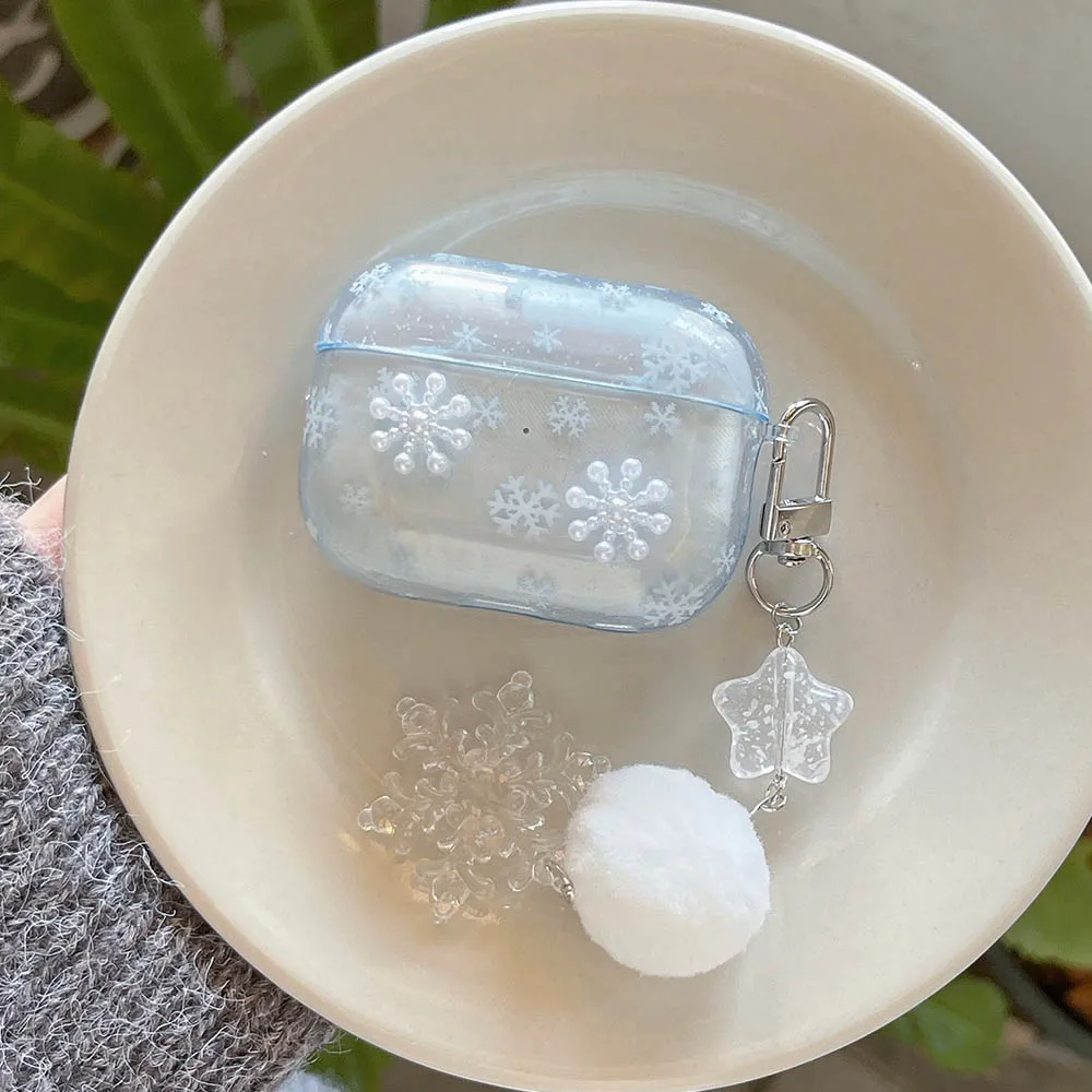 Korea 3D White Snowflakes Pendant Key chain Case Cover for AirPods 4 3 2 1 AirPods Pro 2nd Blue Transparent IMD Earphone Funda