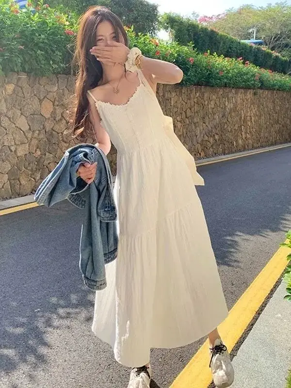otton Dress: Sweet White Spaghetti-Strap Dress – Flattering and Slimming Style for Young Women, Soft Fabric