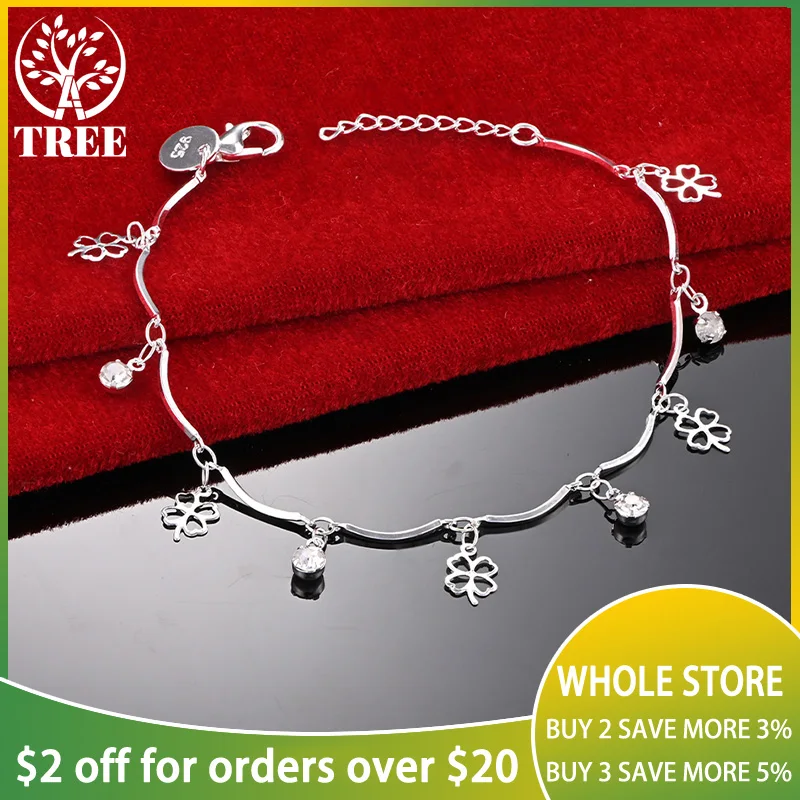 

ALITREE 925 Sterling Silver Round Zircon Crystal Lucky Grass Bracelet For Woman Chain Wedding Accessories Party Fashion Jewelry