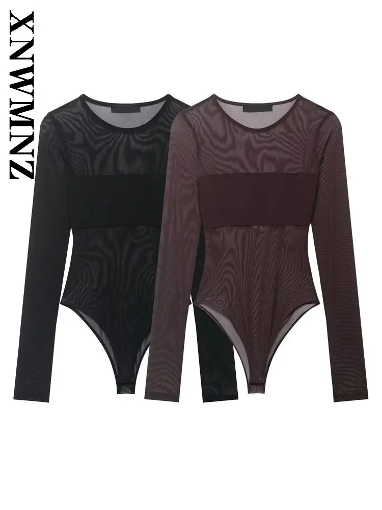 

XNWMNZ 2026 Summer Woman's Party Sexy O-Collar Long Sleeve bodysuit Vintage Casual Spring Lady boho Mesh Thin Long Sleeve Top