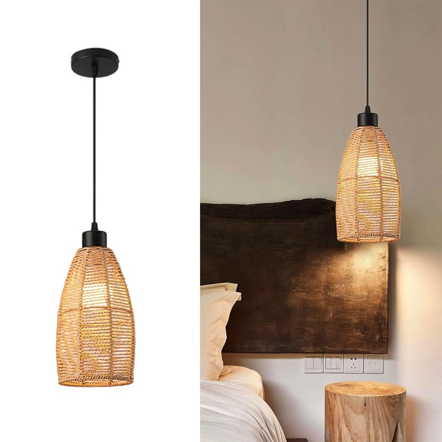

Boho Pendant Lamp Rattan Pendant Light Dining Table E27 Ceiling Lamp Bedroom Lampshade 13x26CM Bedroom Lamp Dining Room