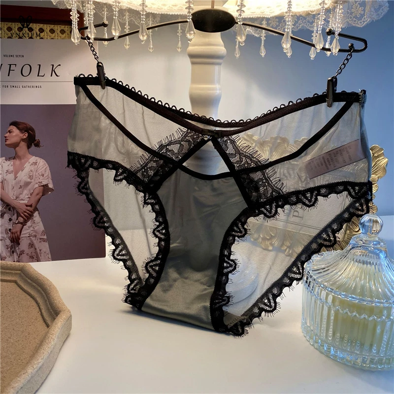 2024 Spring and Summer Thin Mesh Satin Stitching Women\'s Underwear Sexy Hollow Black Lace Briefs Quick-drying Soft Underwear