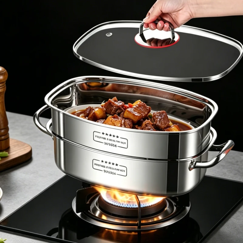304 Stainless Steel Fish Steamer Pot Large Capacity Rectangular Cooking Pan with Steam Rack Glass Lid for Home Kitchen 찜솥 view 4