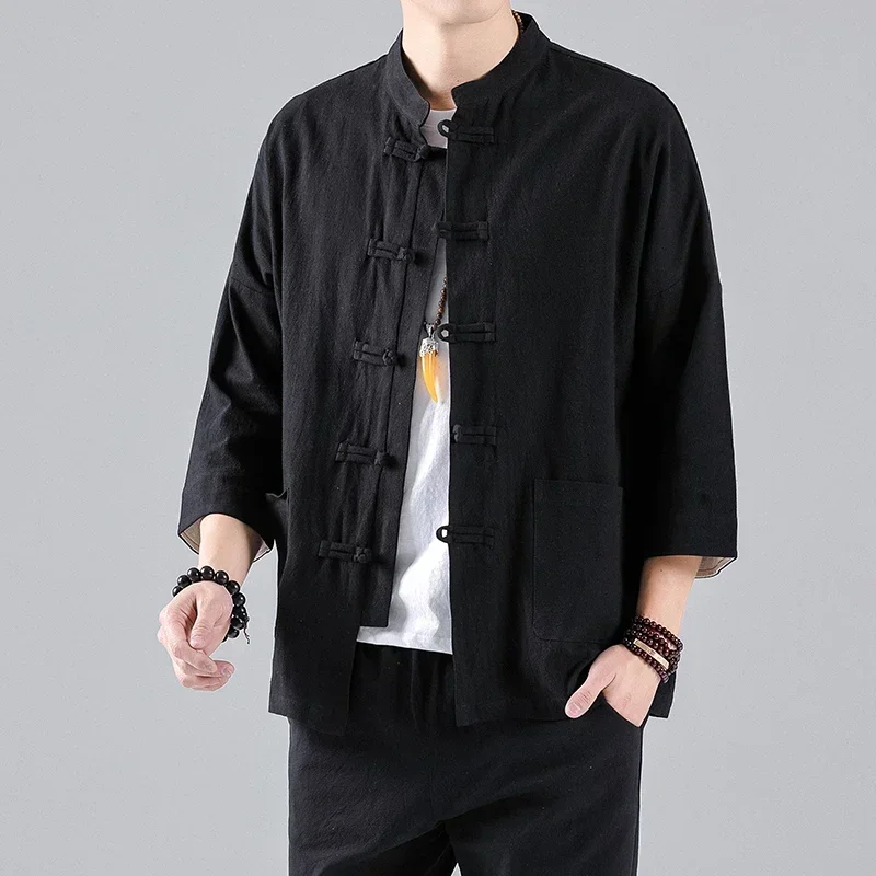 Tradictional Chinese Clothing For Men Kung Fu Tai Chi Tang Suit Style Tops Half Sleeve Cotton Linen Chinese Style Shirts