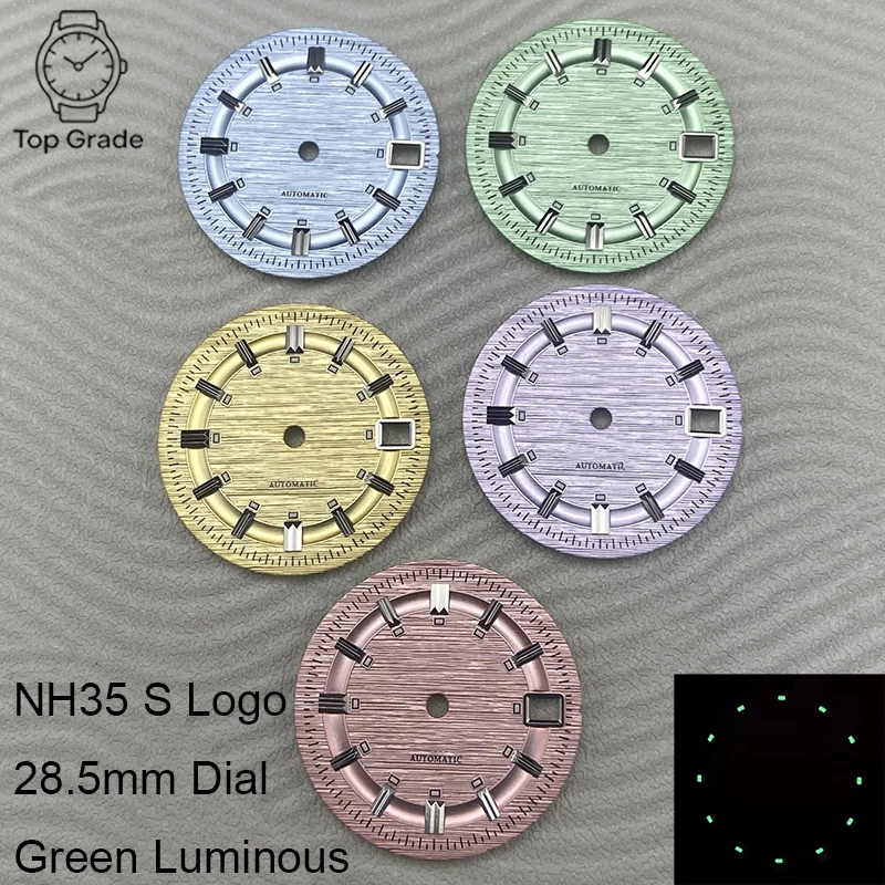 TG 28.5mm NH35 S logo Double Stud Candy Color Dial Green Luminous Suitable for NH35/NH36 Movement Watch Modification Accessories