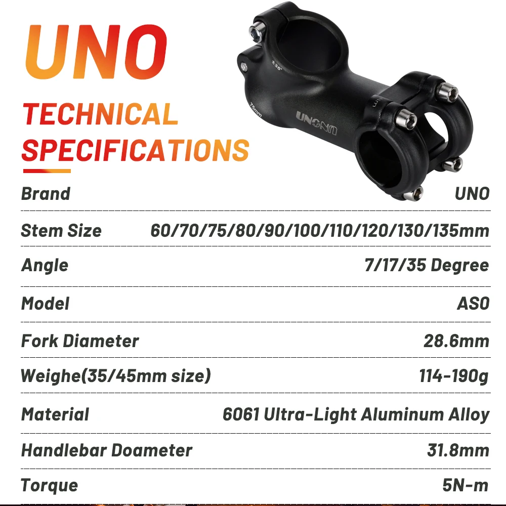 UNO MTB Bike Stem -7 17 35 Degree Ultralight Aluminum Alloy 31.8mm 60 70 80 90 100 110 120 130mm Road Bicycle Stem King Alloy