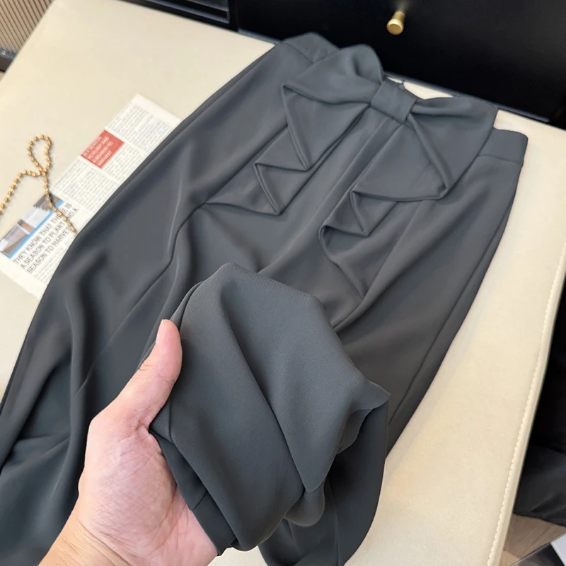 Pantaloni a gamba larga neri streetwear Pantaloni da abito larghi con fiocco alla moda da donna Pantaloni dritti casual coreani a vita alta da donna estivi Novità