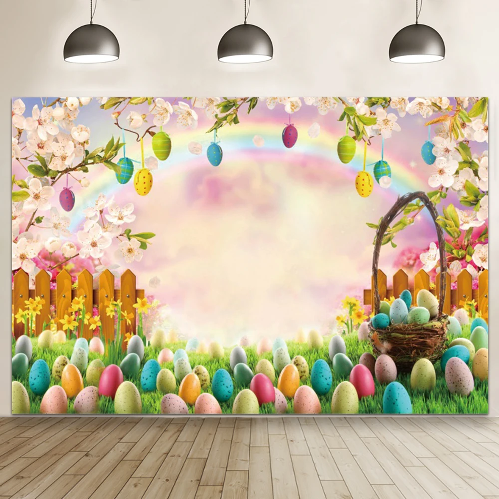 부활절 장식 정원 계란 배경 용수철 울타리 벚꽃 나무 다채로운 계란 바구니, 아이 초상화 배경 사진 스튜디오