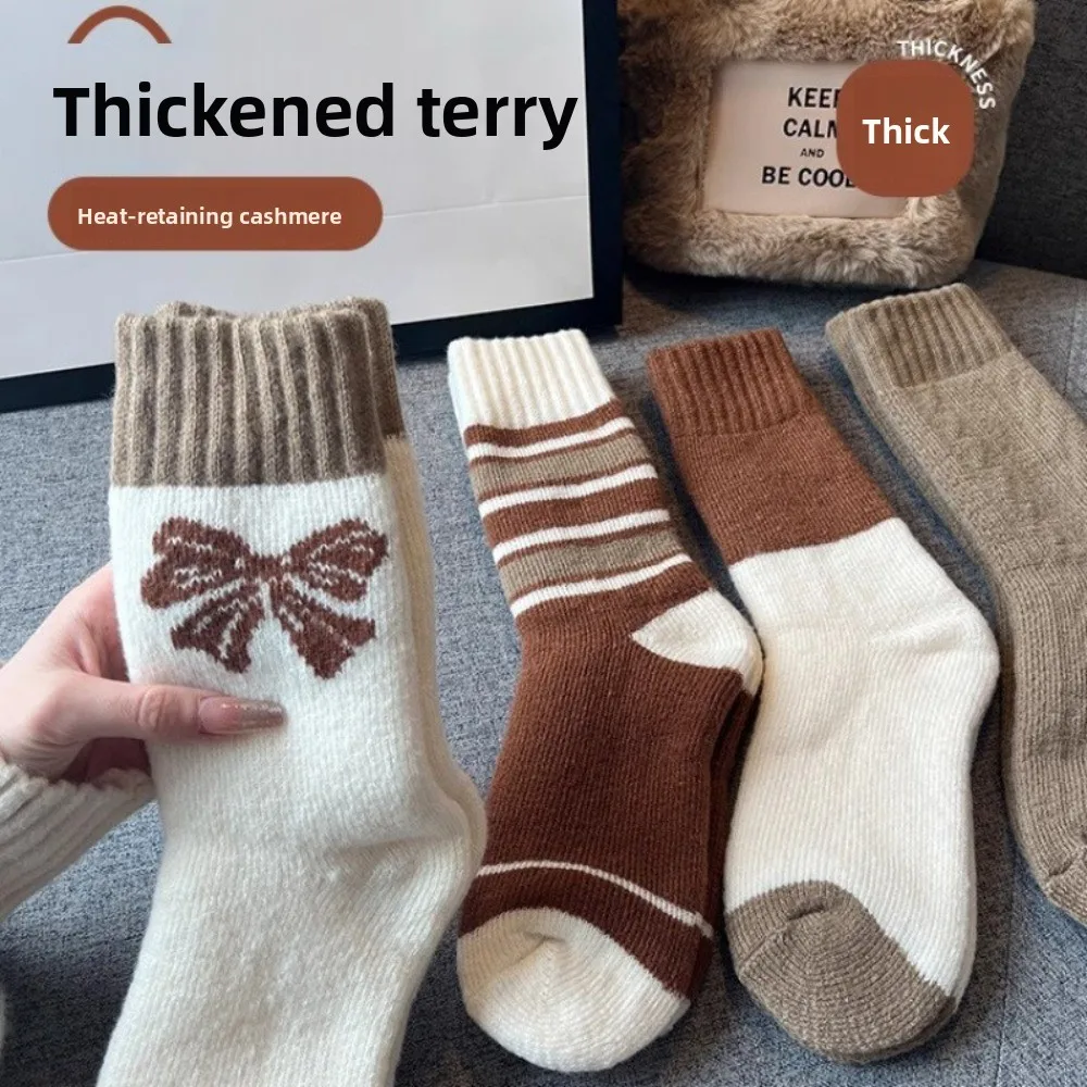 

New Thick Women's Socks Bow Knitted Cotton Middle Tube Socks Retro Warm Gift Snow Boot Socks Autumn and Winter