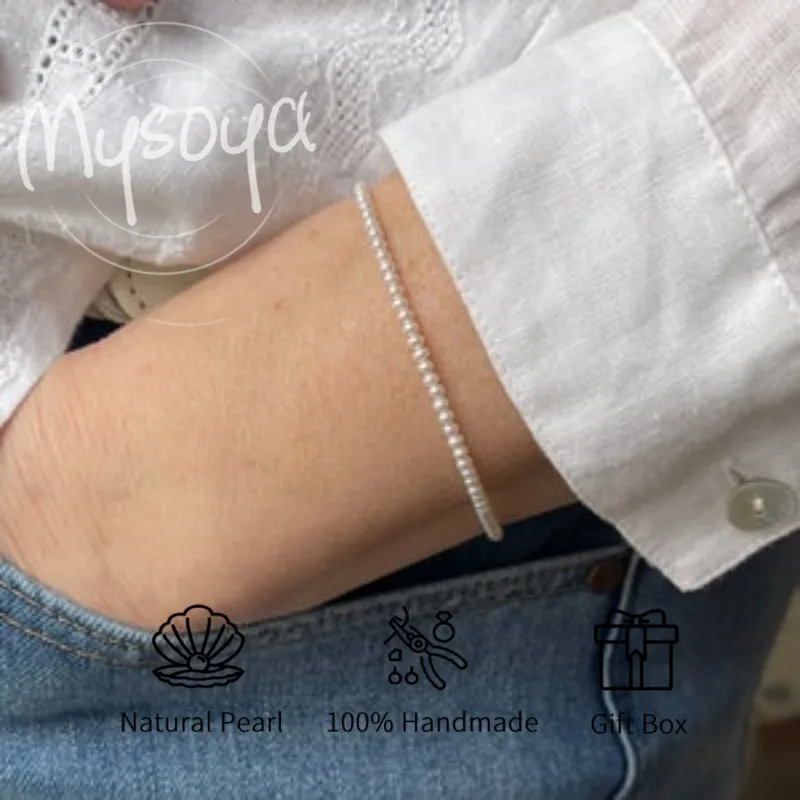 MYSOYA سوار لؤلؤ المياه العذبة البيضاء 2-3 مللي متر مع صندوق هدايا لها/له مثالي لأعياد الميلاد/الزفاف/عيد الميلاد/هدايا السنة الجديدة