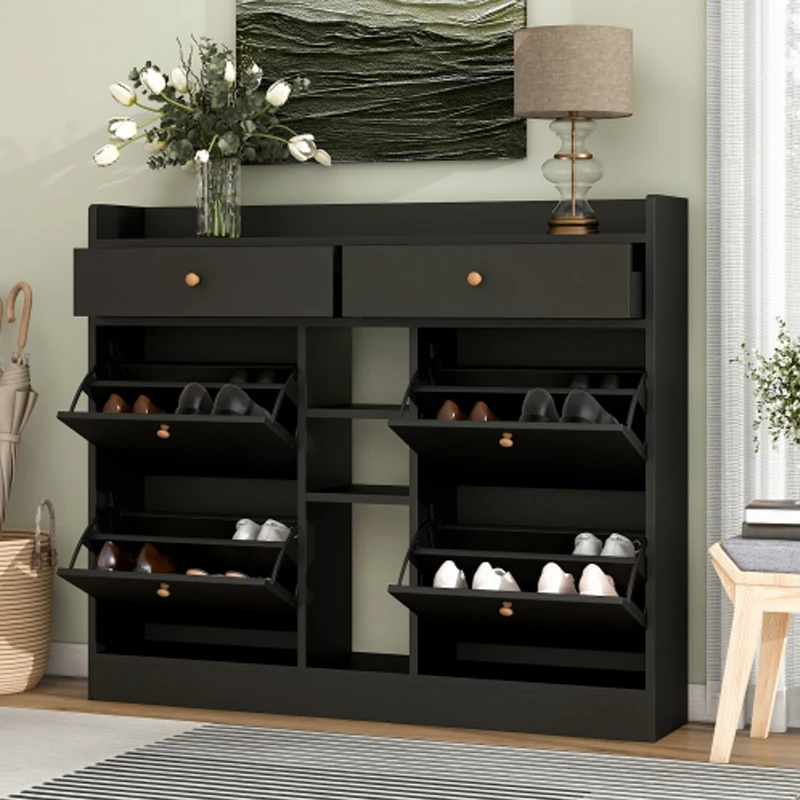 Modern Tipping Bucket Shoe Cabinet with 4 Flip Drawers, Multifunctional 2-Tier Shoe Storage Organizer, Black.