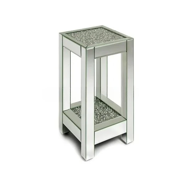 Glass Top Diamond Mirrored End Table Bed Coffee Side Table for Living Room