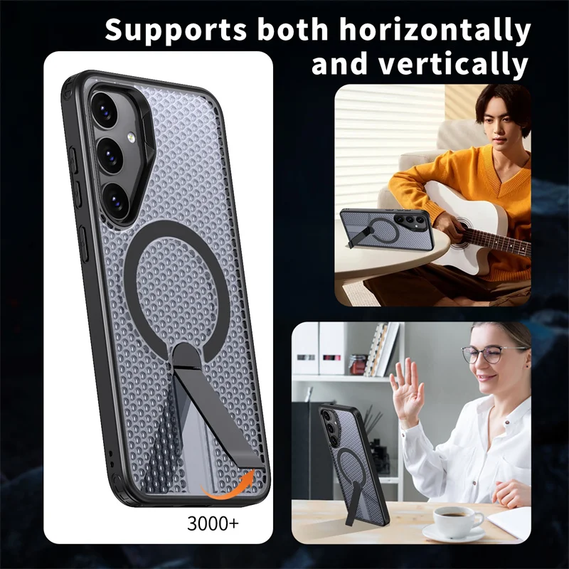 Fashion Breathable Heat Dissipation For Magsafe Phone Case For Samsung Galaxy S24 25 Ultra Plus PC Shockproof Hide Bracket Cover