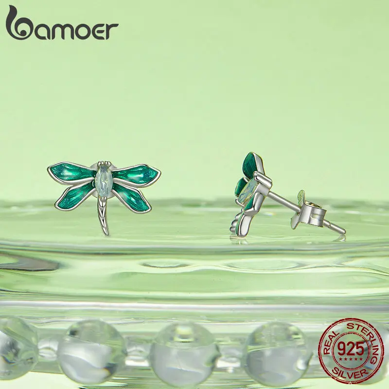 Bamoer 925 Sterling Zilver Groene Libel Oorknopjes Wit Verguld Insect Oorbellen Voor Vrouwen Feest Fijne Sieraden Cadeau