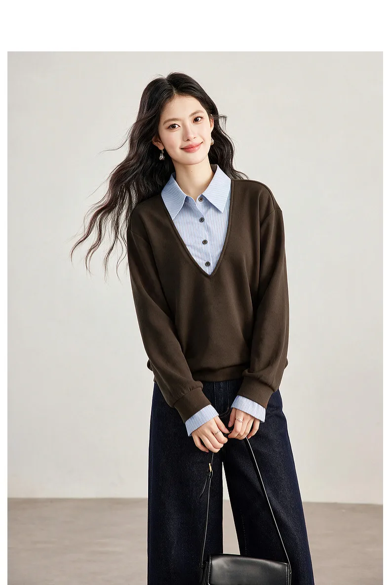 VIMLY Fake Two-piece Striped Collar Sweatshirt for Women 2026 Autumn Coffee Color Commute Casual Loose-fit Female Pullover A7577