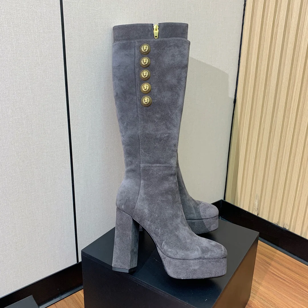 

Новые женские сапоги, женские сапоги до середины икры, роскошный дизайн, острый носок, толстый каблук, 10 см, платформа, подошва из воловьей кожи, подошва из натуральной кожи