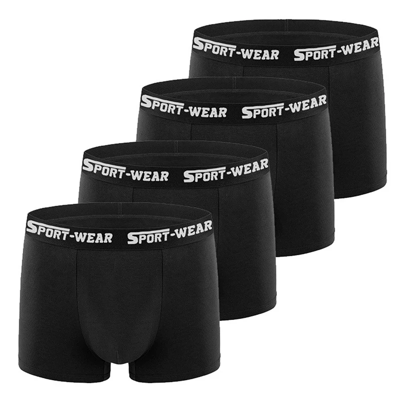 

4-Piece Letter Waistband Pure Black Men's Sexy Boxer Shorts Daily Casual Sports Underwear Men's Breathable Underwear