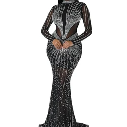 Dress Women Sexy Dresses Hot Drilling Slim Fit Hip Wrap Sheath Floor Length Vestidos Round Neck Full Sleeve Party Gown