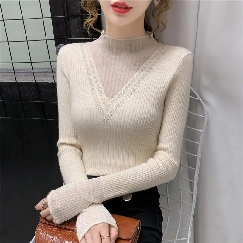 Autumn and Winter Women\'s Pullover Half High Neck Long Sleeve Solid Hollow Out Gauze Lace Slim Fashion Casual Knit Bottom Tops