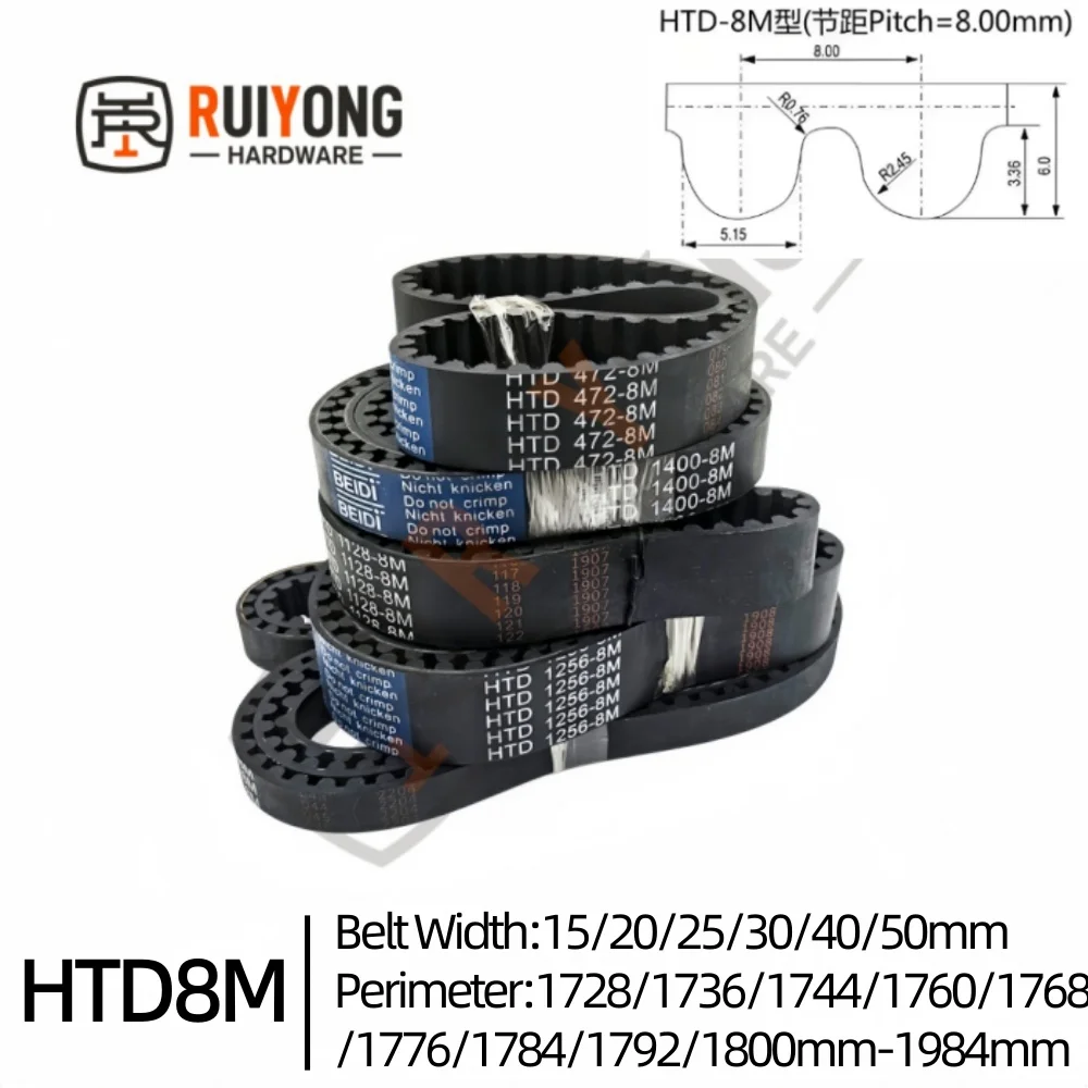 High Torque Rubber HTD 8M Timing Belt Width 15/20/25/30/40/50mm Perimeter 1728/1736/1744/1760/1768/1776/1784/1792/1800mm-1984mm