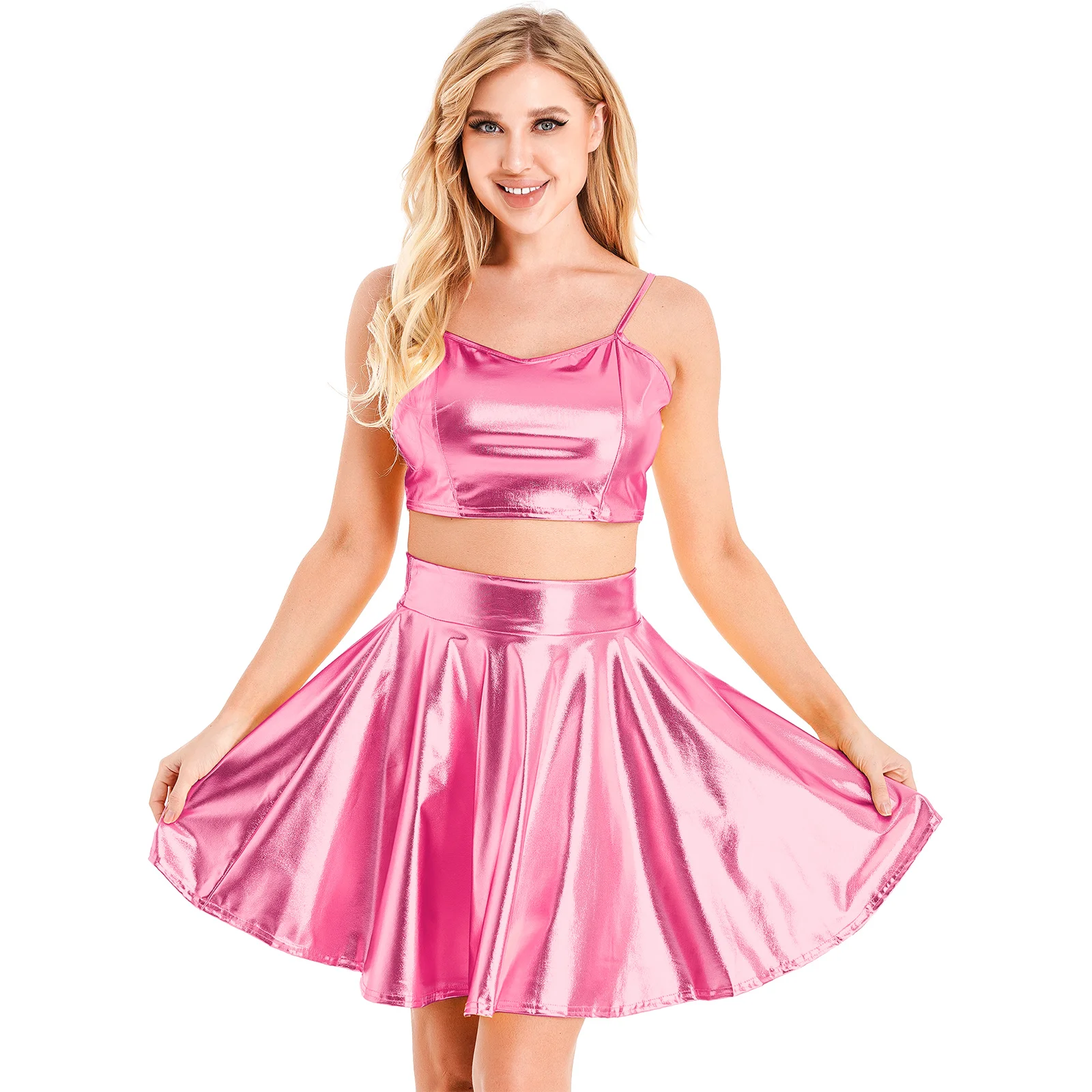 Womens Rave Outfits Metallic Shiny Skirt Sets Camisole Adjustable Spaghetti Strap Crop Top with High Waist Ruffle Skirt Clubwear