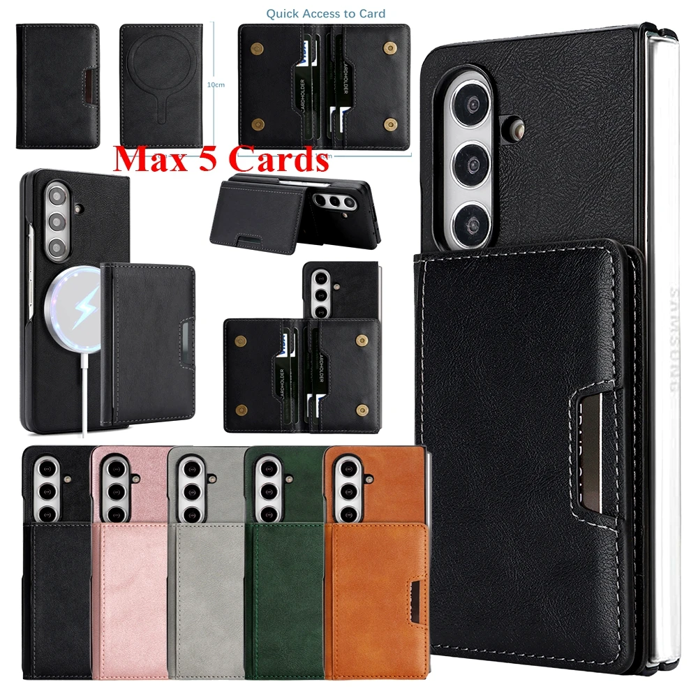 2-in-1-Ledertasche für Samsung Galaxy Z Fold 7, 6, 5, 4, 3, magnetischer Kartenhalter, Kartensteckplätze, Ständer, kabelloses Laden, Telefonabdeckung