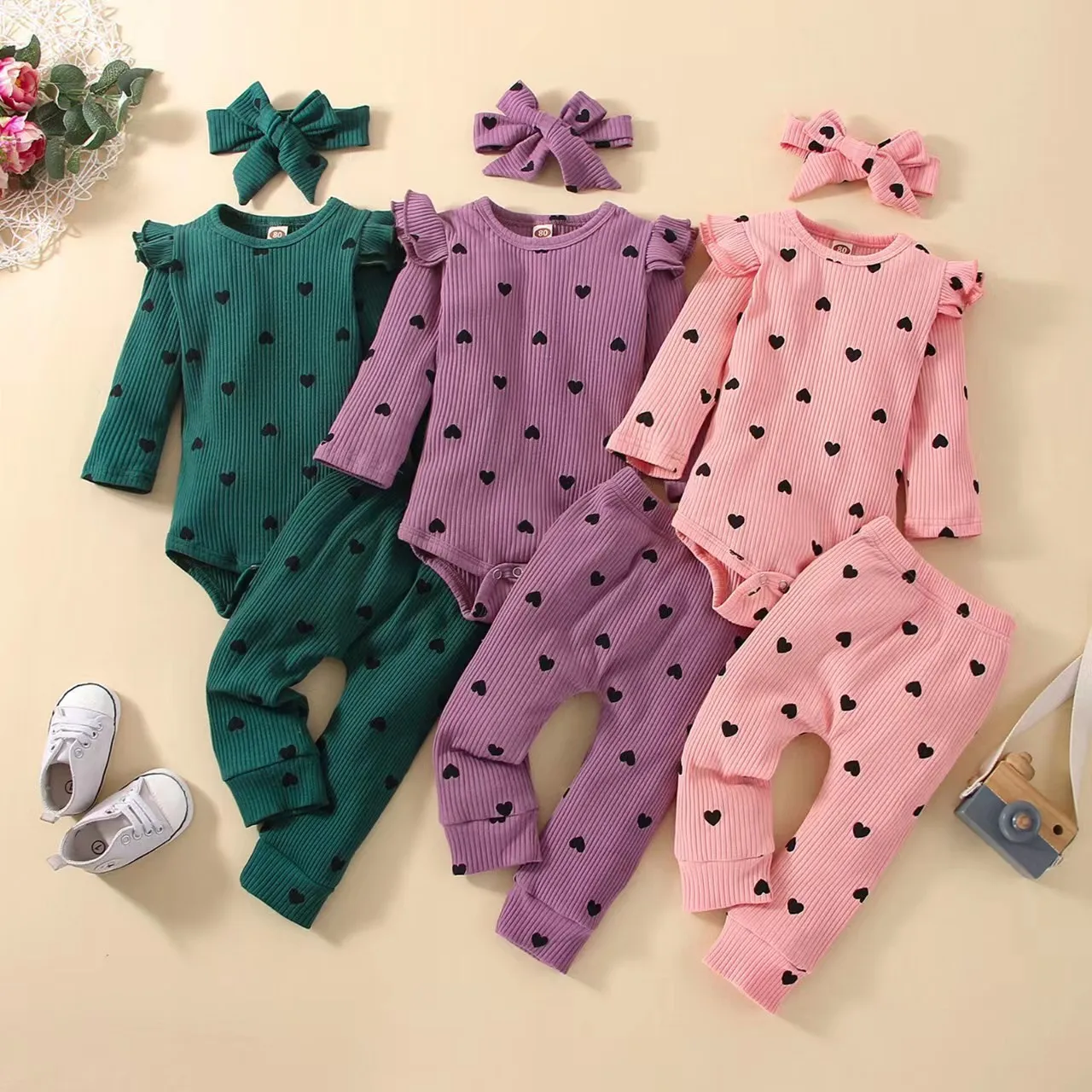 

Autumn Winter Toddler Kids Outfit Set Long Sleeve Heart Print Tops With Pants Headband For Baby Cute Romper Casual Loungewear