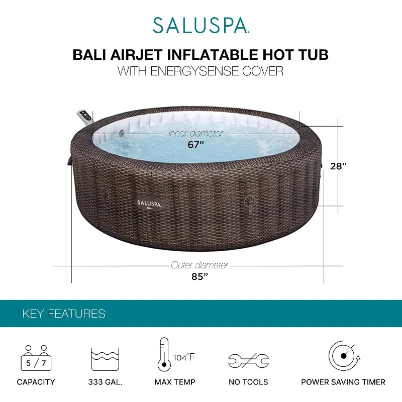 Bestway SaluSpa Bali 5 to 7 Person Inflatable Hot Tub, Round Energy-Efficient Portable Outdoor Spa with 180 AirJets, 85
