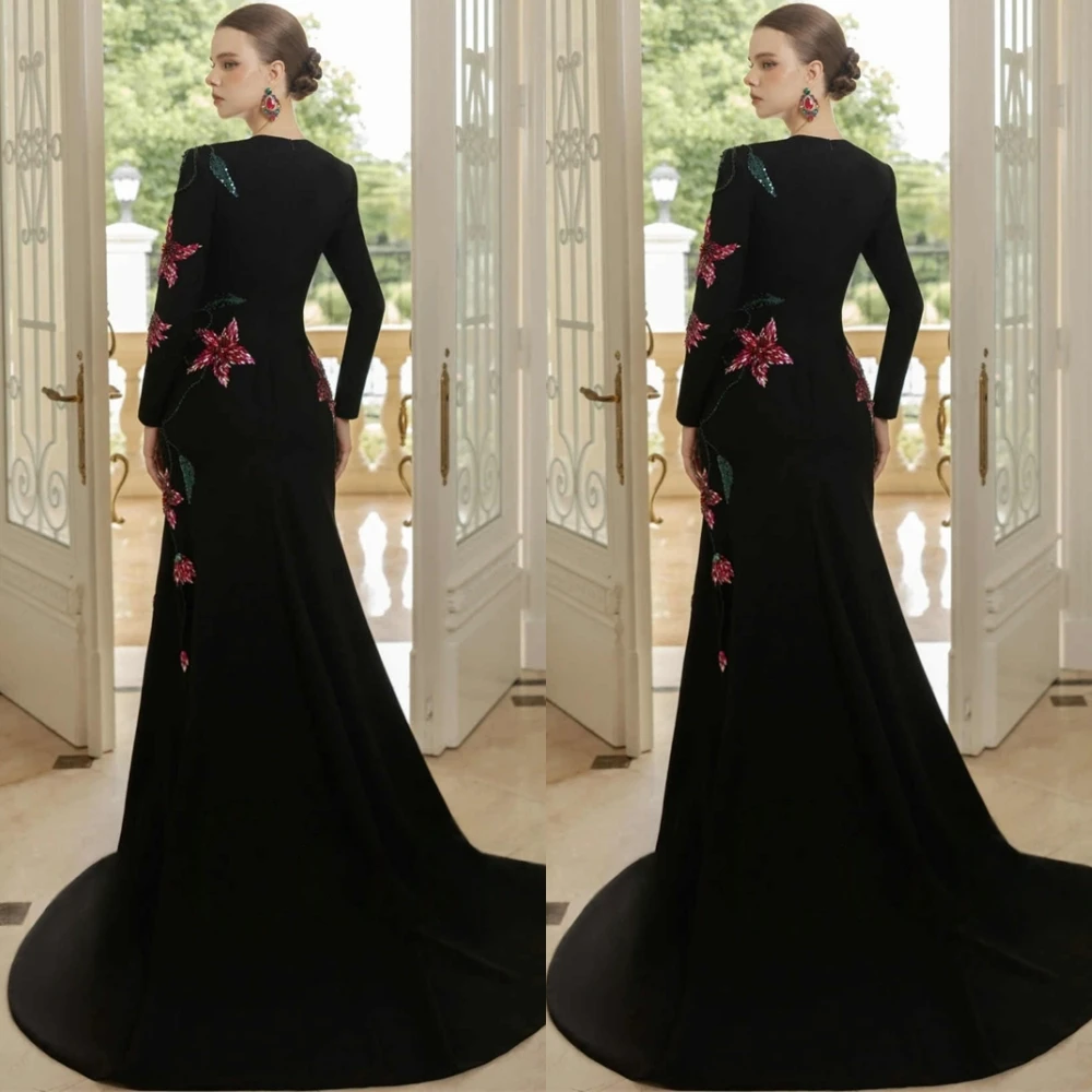 

Customized Elegant Mermaid Jersey Evening Dress Exquisite Flowers Prom Dresses Temperament Long Sleeves Special Occasion Gowns