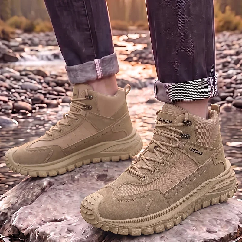 Breathable Men High Top Hiking Boots Lace Up Non-slip Thick Sole Ankle Boots For Outdoor Trekking & Daily Wear