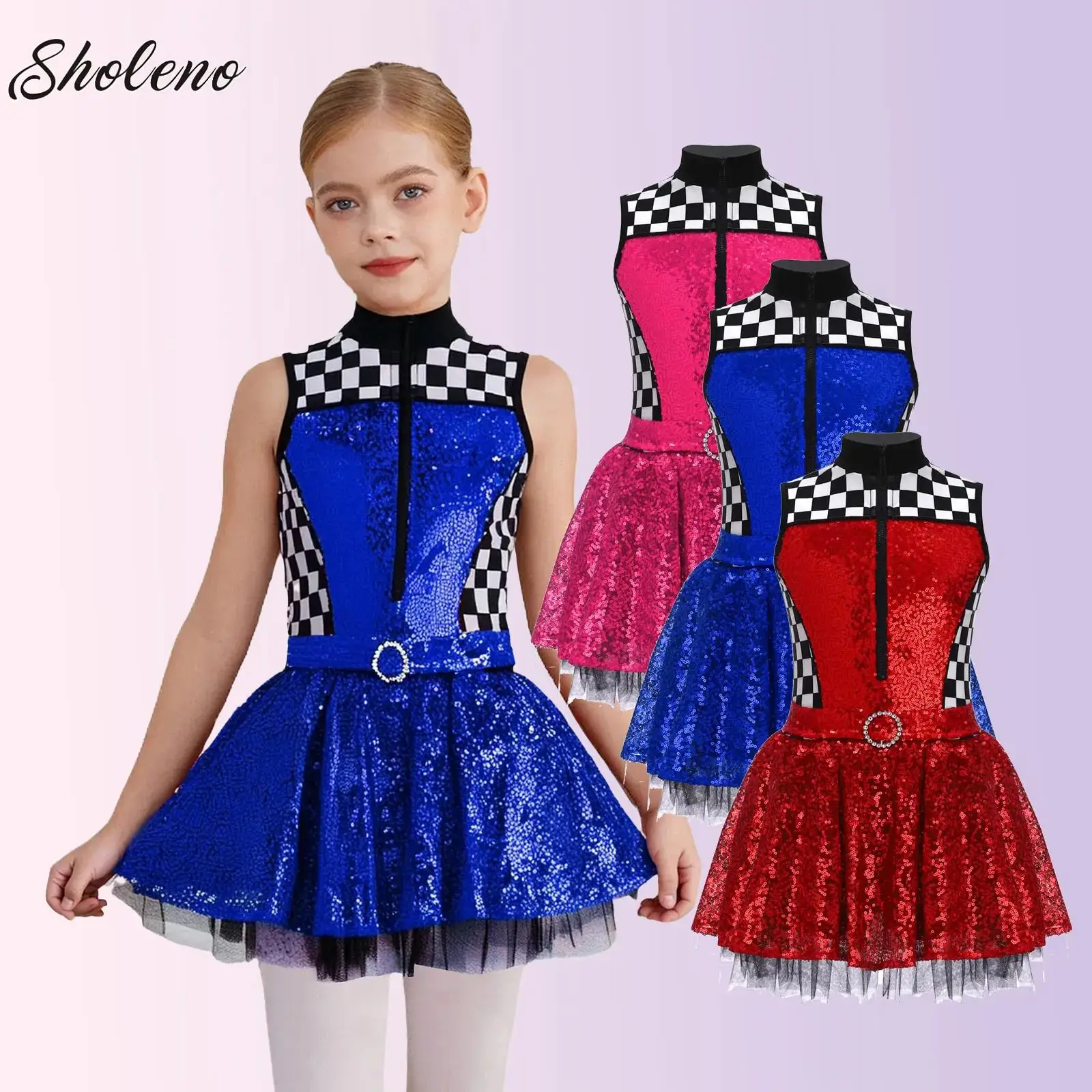 

Girls Race Car Driver Tutu Dress Halloween Queen Racer Dance Stage Performance Costume Sequins Themed Party Pole Play Dress Up