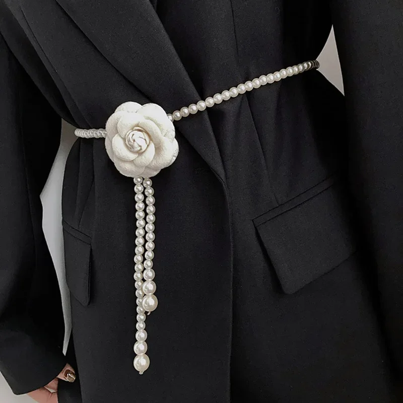 Ladies Elegant Pearl The Cloth Flower Sweet Fashion Camellia Waist Chain Texture Dress Decorative Women Belt