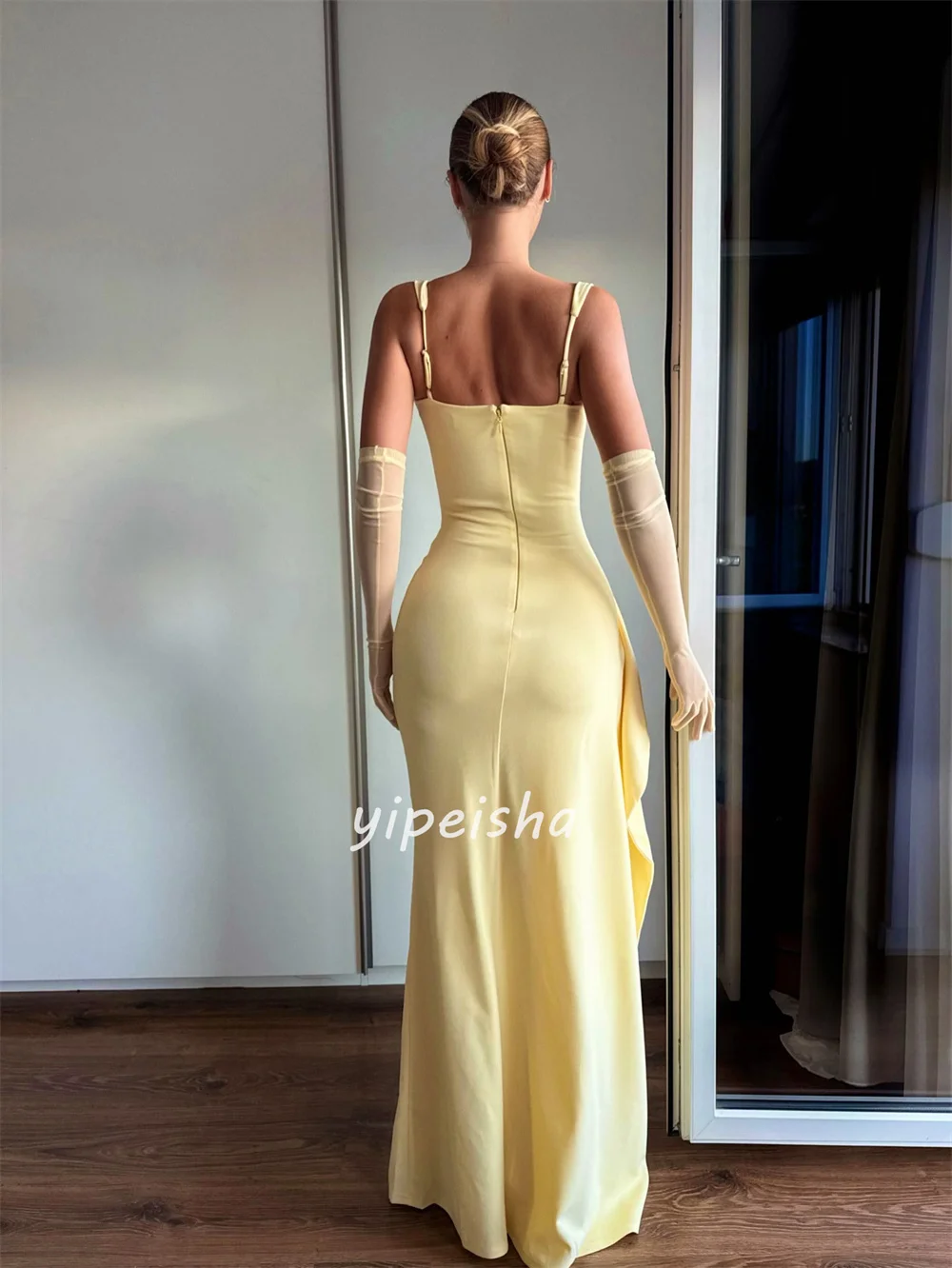 Abiti lunghi personalizzati eleganti semplici in jersey con sirena increspata e cinturino per spaghetti Abiti da cerimonia su misura Taglie disponibili abbinate