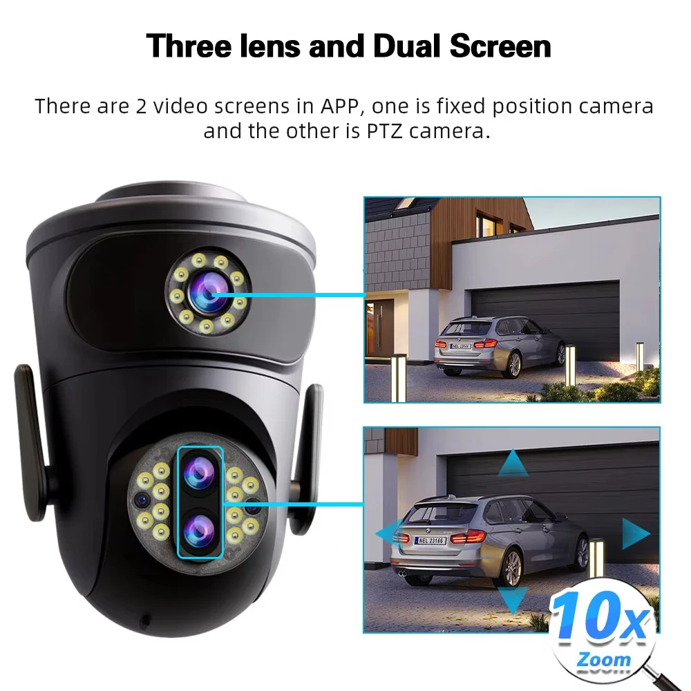 Nueva cámara de seguridad Wifi para exteriores de 12MP, 6K, vigilancia con Zoom 10X, IP, 3 lentes, cámaras de pantalla Dual, seguimiento automático, cámara CCTV IPC360 para el hogar