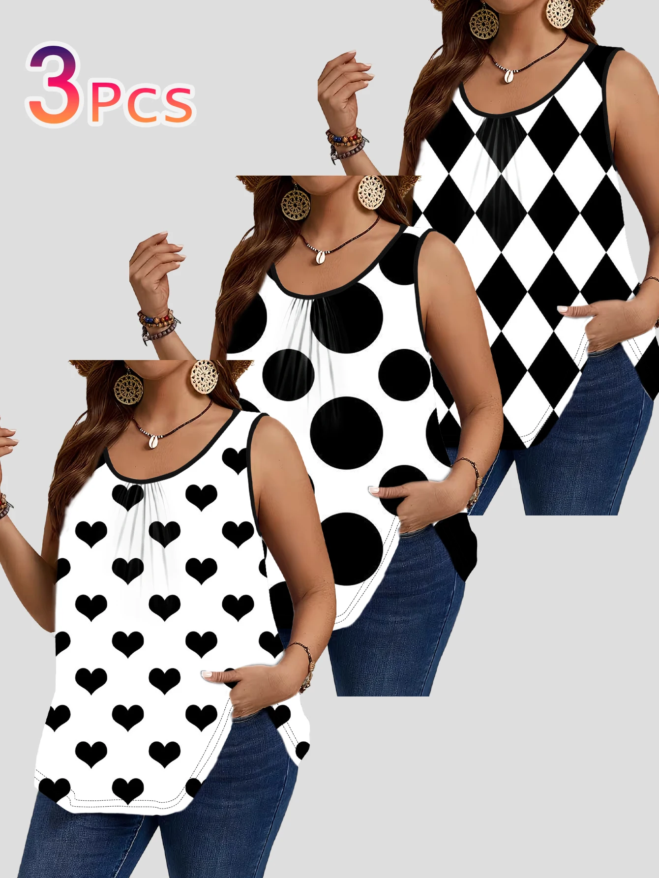 3-Piece Set of Black and White Diamond-Patterned Polka Dot Heart-Print Sleeveless Vests for Women, Large Size, Round Neck, Pleated, Loose-Fitting Outerwear Long Tops