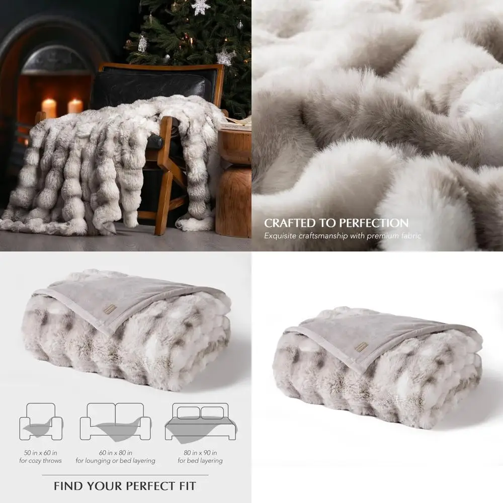 

Luxury Soft Faux Rabbit Fur Throw Blanket, Plush Reversible Cover for Bed, Couch, 60x80 Light Grey