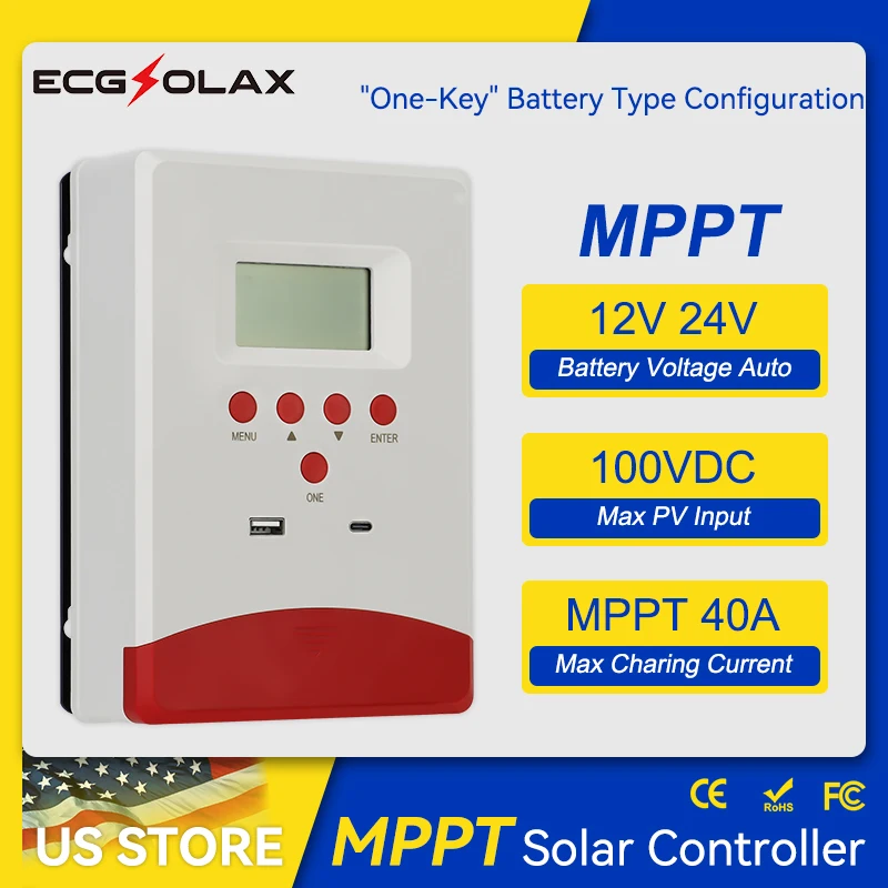 

ECGSOLAX 40A MPPT контроллер заряда солнечных батарей 12В 24В с автоматическим определением напряжения, ЖК-дисплей, максимальное напряжение PV 60В 80В 100В