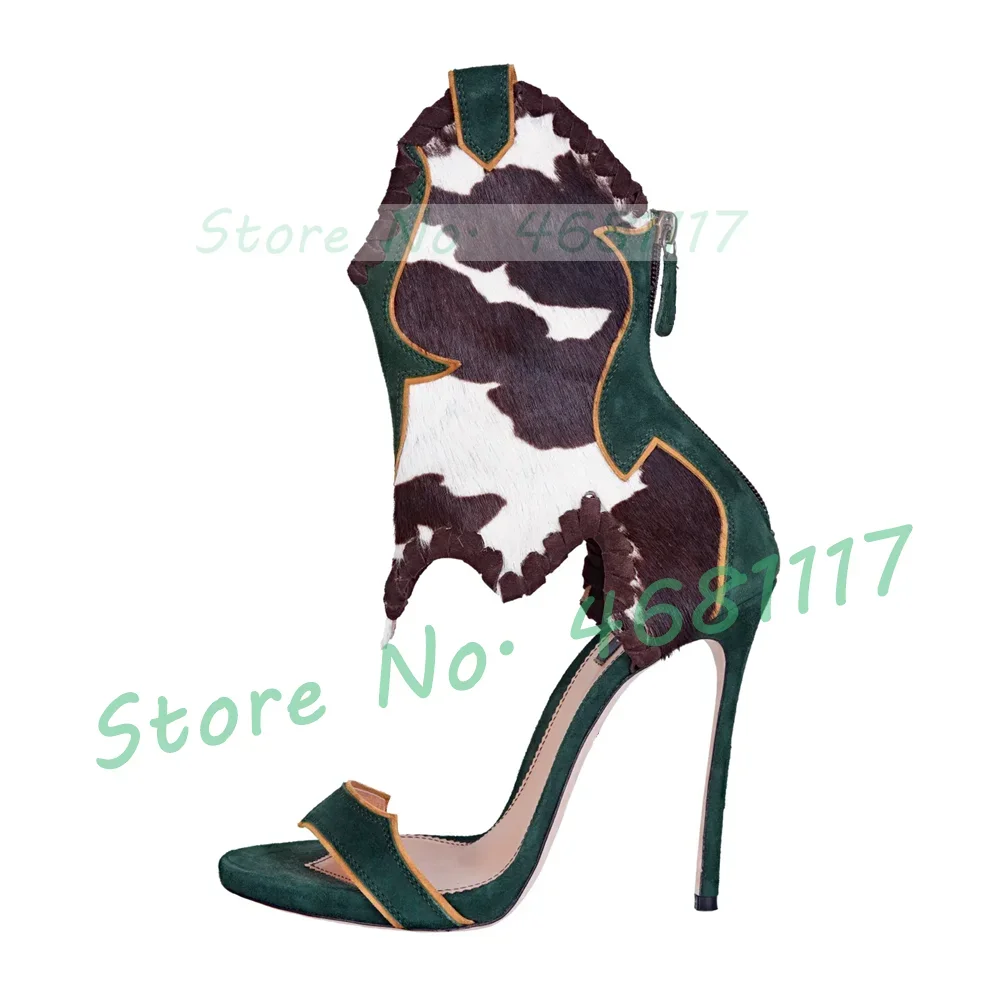 Colorblock Western Open Toe Heels Sandals Women Fashion Leopard Patchwork Ankle Strap Sandals Female Low Platform Suede Shoes
