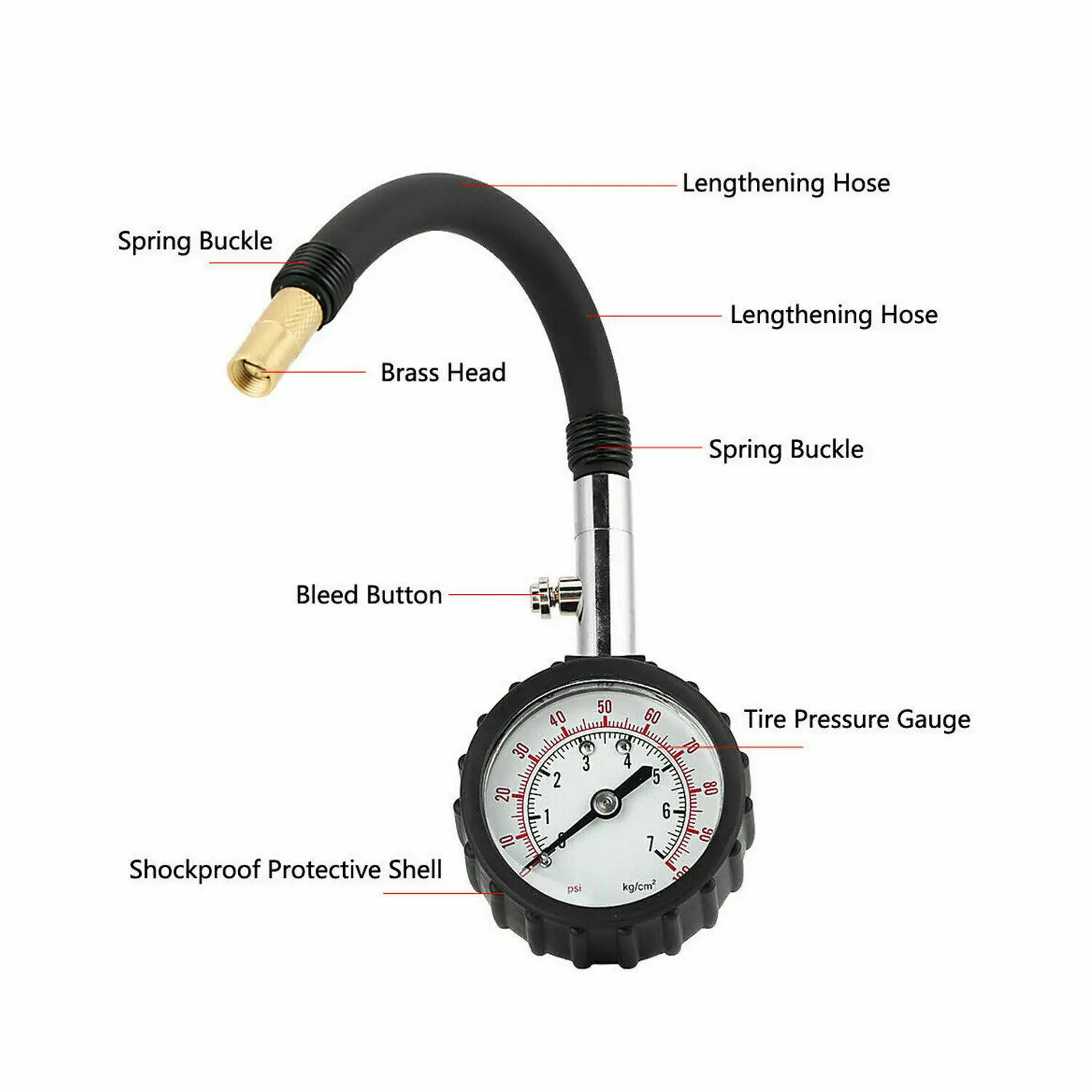 Motorcycle Tire Pressure Gauge 0-100 PSI Tire Gauge with Flexible Air Chuck for Car Motorcycle