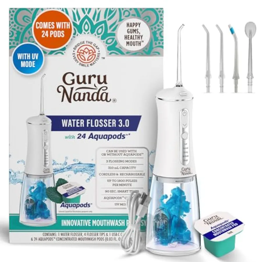 

Advanced Dental Water Flosser 3.0 with UV Mode Water Flosser and 24 Aquapods with Mouthwash for Fresh Breath and Plaque Removal