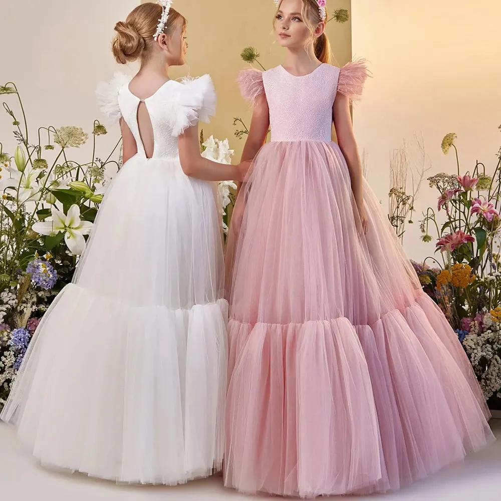 Vestidos florais com pluma de renda infantil, vestidos elegantes para crianças, vestido de festa de aniversário da primeira comunhão, rosa blush