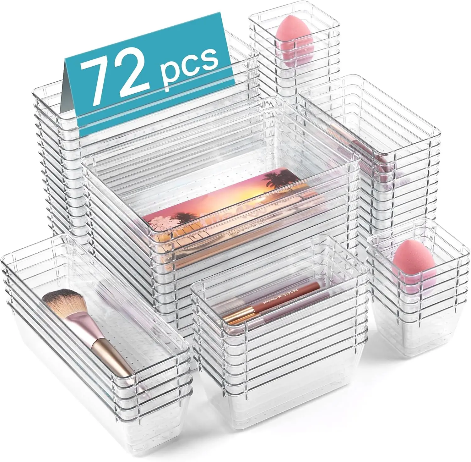 

72 PCS Clear Plastic Drawer Organizers Set, 4-Size Versatile Bathroom and Vanity Drawer Organizer Trays, Non-Slip Bins for Make