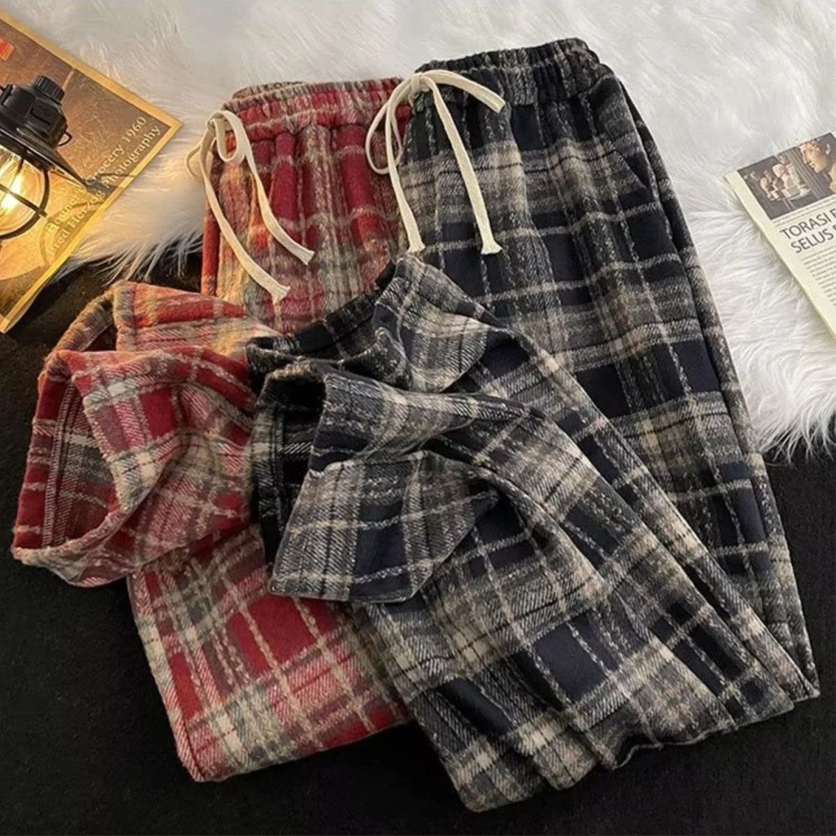 Autumn Winter British Style Thickened Tweed Plaid Straight Leg Sport Pants Women's Small Size Elastic Waist Wide Leg Long Pants