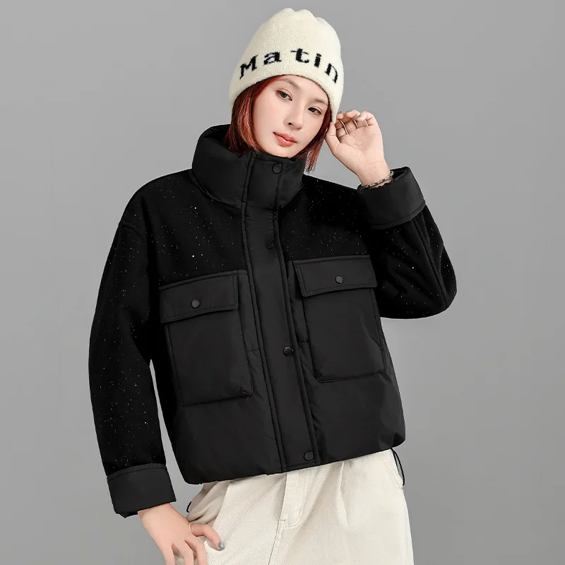 أنيقة الترتر الوقوف طوق سترات قصيرة المرأة شعبية المرقعة جيب كبير الشتاء سترة رشاقته الدافئة سستة معطف مبطّن بالقطن