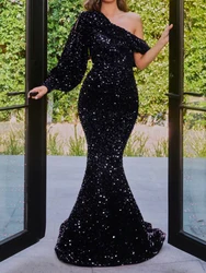 One Split Sleeve Sparkle Stretch Sequin Evening Night Dress Off Shoulder Mermaid Floor Length Bobydon Party Dress Red